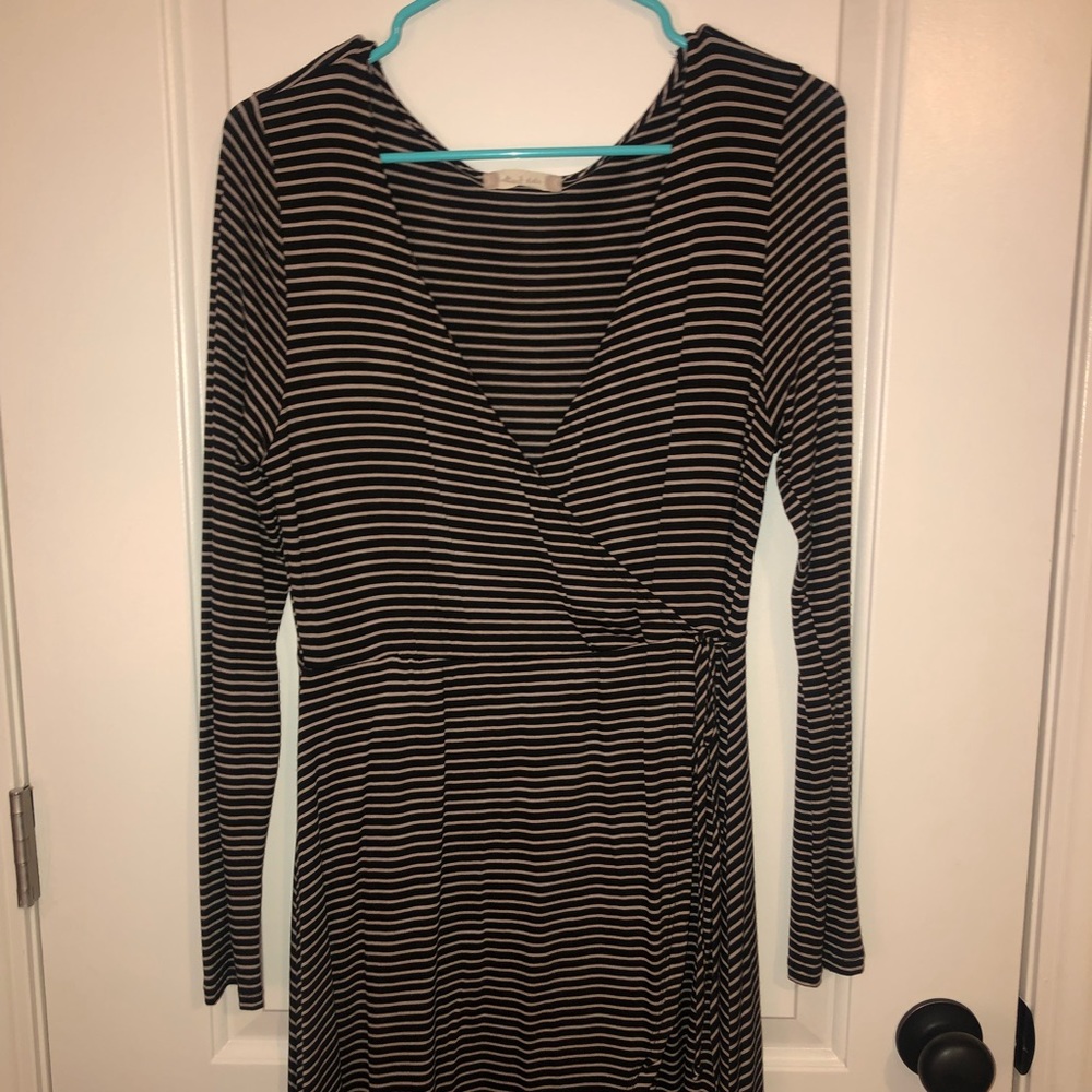 Long-Sleeve Stripped Wrap Tie Dress